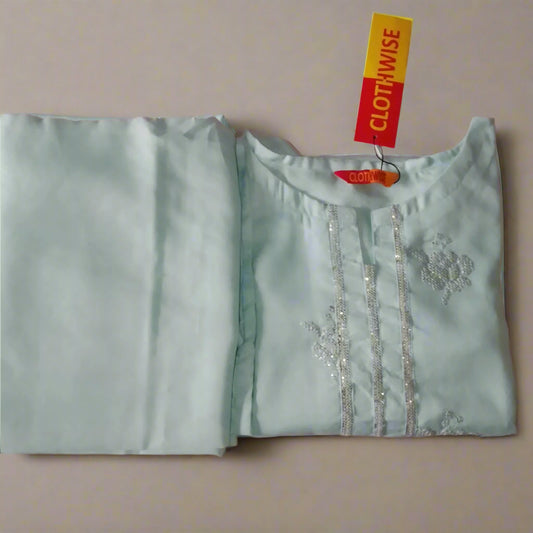 "Pastel Blue Embroidered Kurti Set with Matching Trousers & Sequin Detailing"