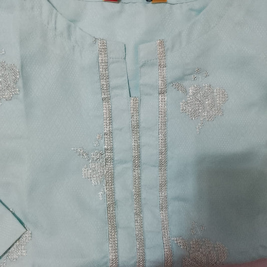 Light blue fabric with intricate silver embroidery