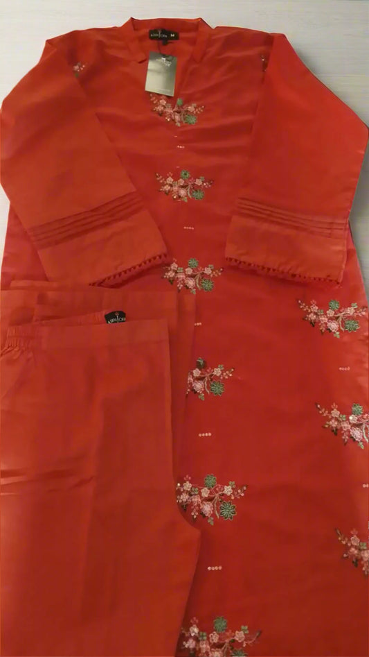 "Rust Bloom Embroidery Kurti Set- Asim Jofa 2-Piece | Festive Wear"