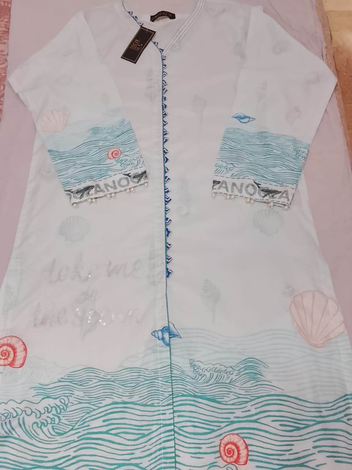 "Coastal Breeze Baby Blue Printed Kurti -  Pearl Sleeve Detail | Mizaj "