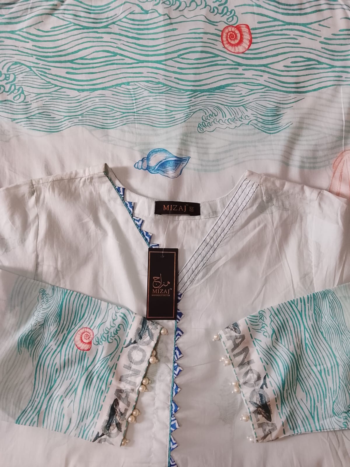 "Coastal Breeze Baby Blue Printed Kurti -  Pearl Sleeve Detail | Mizaj "