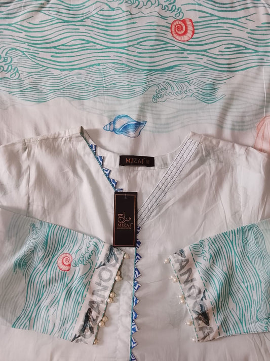 "Coastal Breeze Baby Blue Printed Kurti -  Pearl Sleeve Detail | Mizaj "