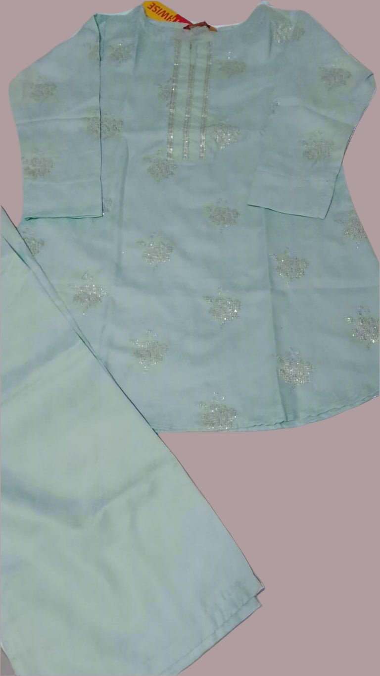 "Pastel Blue Embroidered Kurti Set with Matching Trousers & Sequin Detailing"