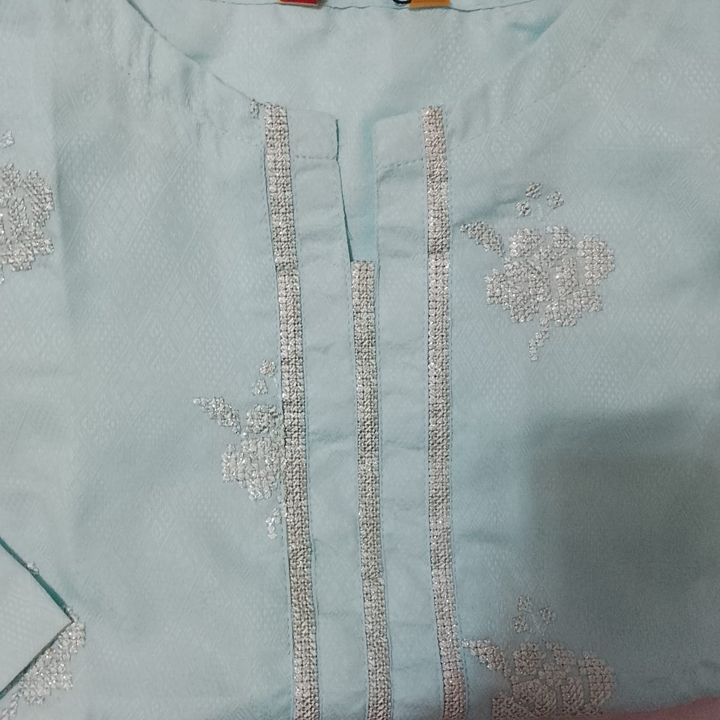 Light blue fabric with intricate silver embroidery