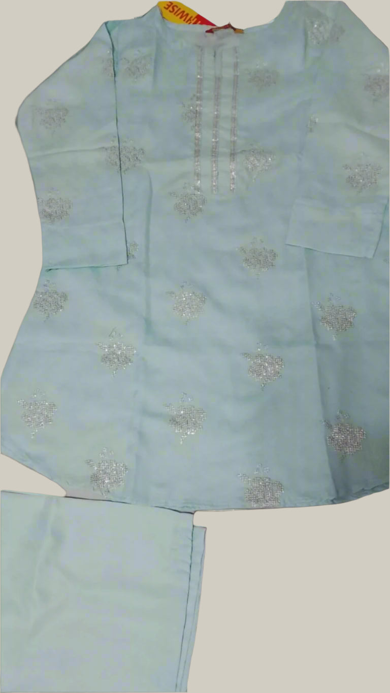 "Pastel Blue Embroidered Kurti Set with Matching Trousers & Sequin Detailing"