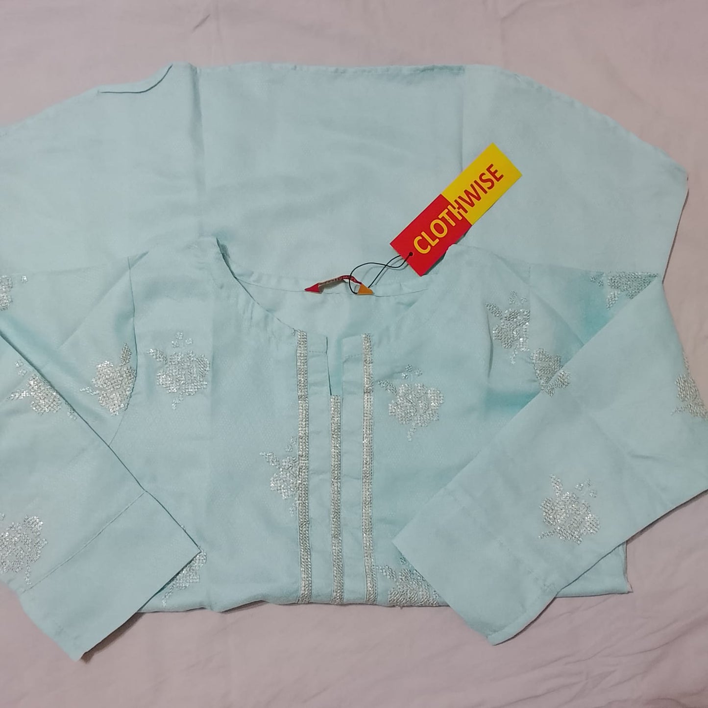 "Pastel Blue Embroidered Kurti Set with Matching Trousers & Sequin Detailing"