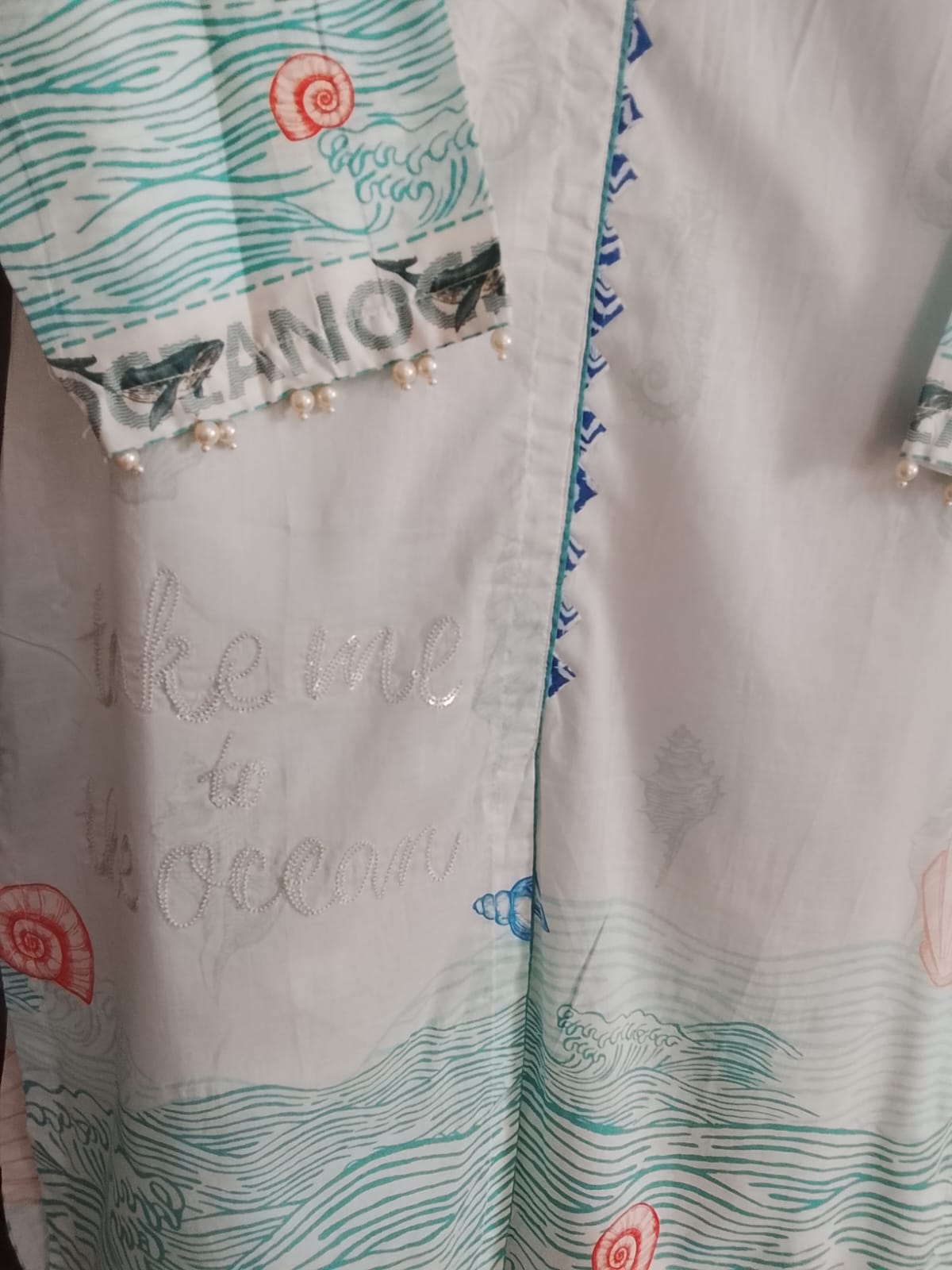 "Coastal Breeze Baby Blue Printed Kurti -  Pearl Sleeve Detail | Mizaj "